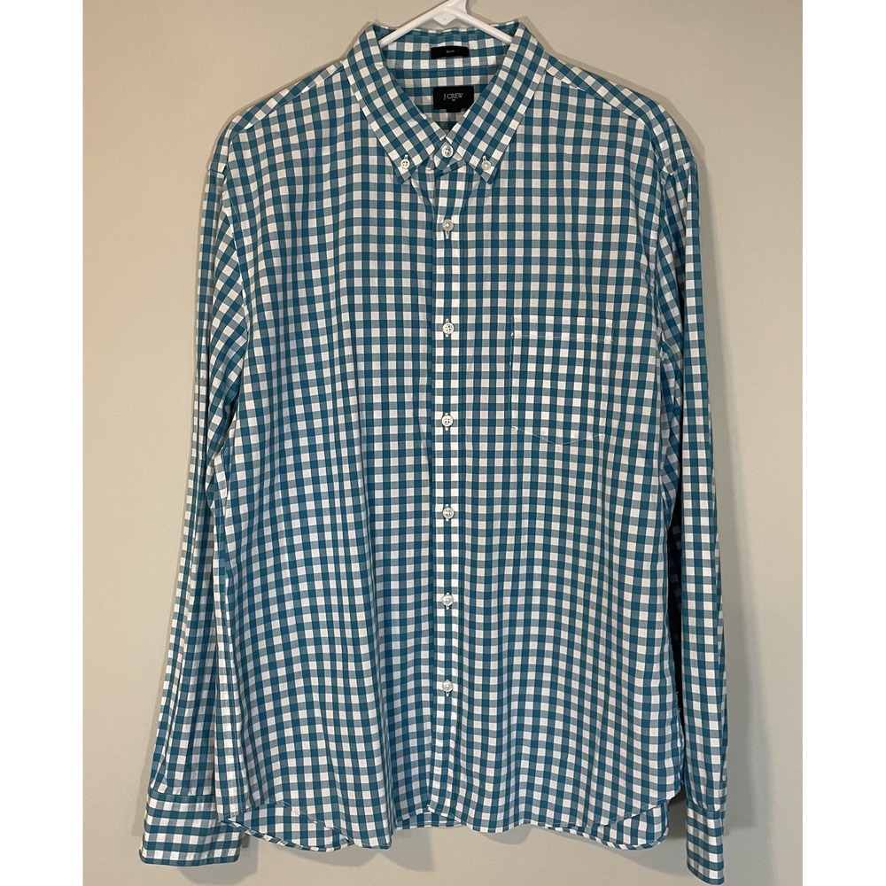 J Crew Men's XL Slim Fit Teal White Gingham Button-Up Long Sleeve Cotton Shirt
